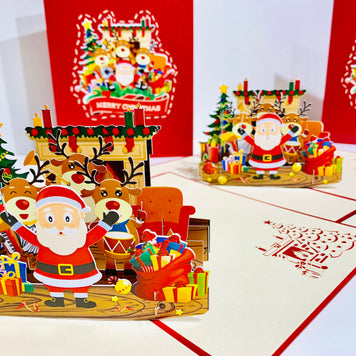 Darling Christmas Reindeer Party with Santa Origami Pop Cards 3D Pop Up Greeting Card Merry Christmas Thank You Handmade Best Wishes Blank Card Gift Happy Holidays Celebrate the Special Day Moment with Family and Friends
