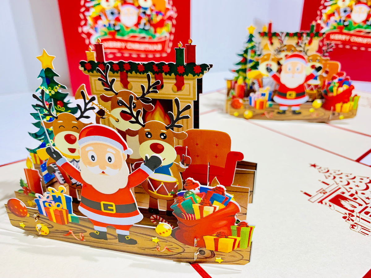 Darling Christmas Reindeer Party with Santa Origami Pop Cards 3D Pop Up Greeting Card Merry Christmas Thank You Handmade Best Wishes Blank Card Gift Happy Holidays Celebrate the Special Day Moment with Family and Friends