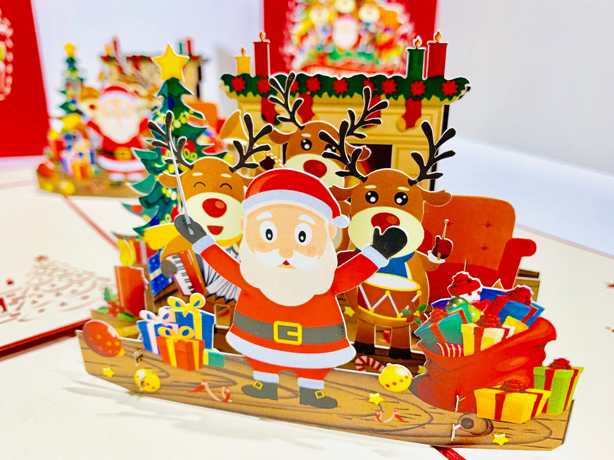 Darling Christmas Reindeer Party with Santa Origami Pop Cards 3D Pop Up Greeting Card Merry Christmas Thank You Handmade Best Wishes Blank Card Gift Happy Holidays Celebrate the Special Day Moment with Family and Friends