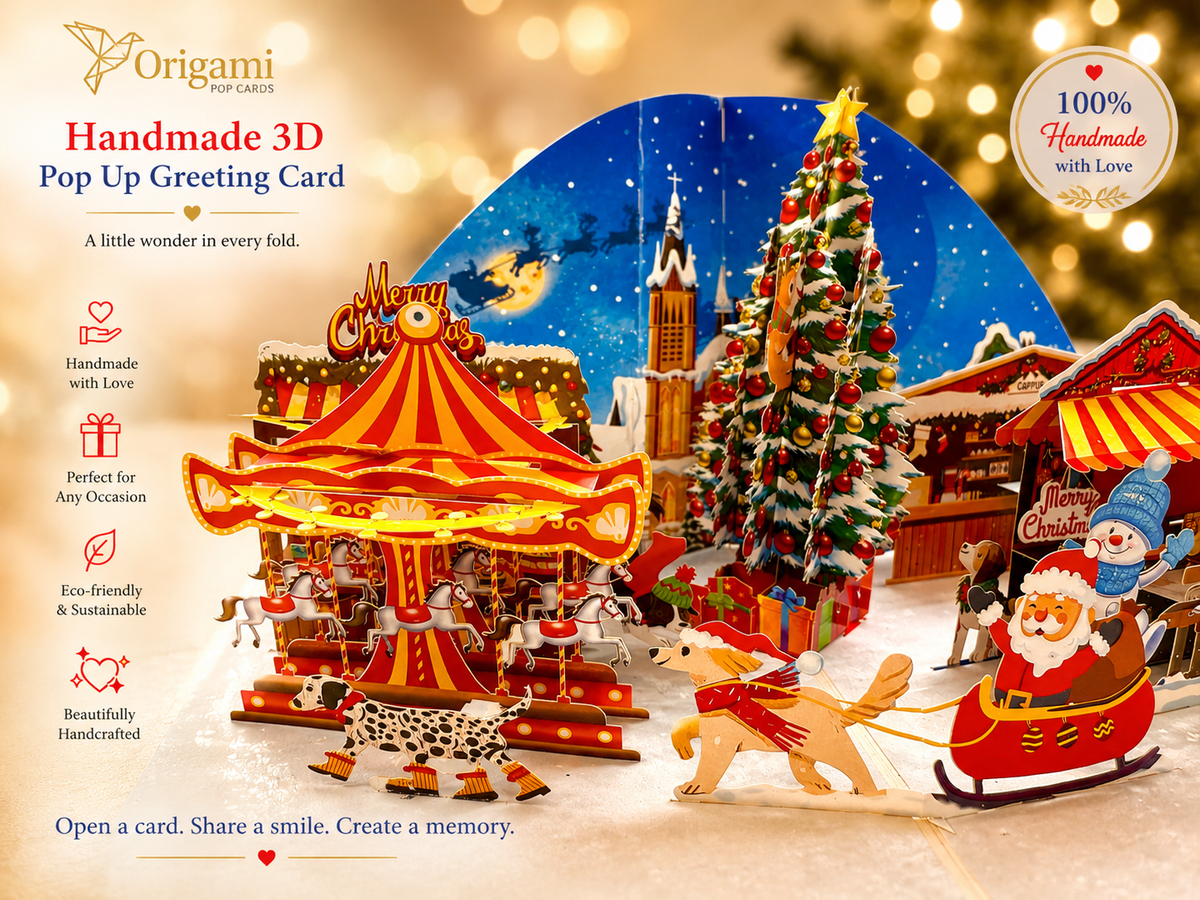 Dog World Snowy Village Winter Wonderland Amusement Park 3D Origami Pop Cards 3D Pop Up Greeting Card Merry Christmas Thank You Handmade Best Wishes Blank Card Gift Happy Holidays Celebrate the Special Day