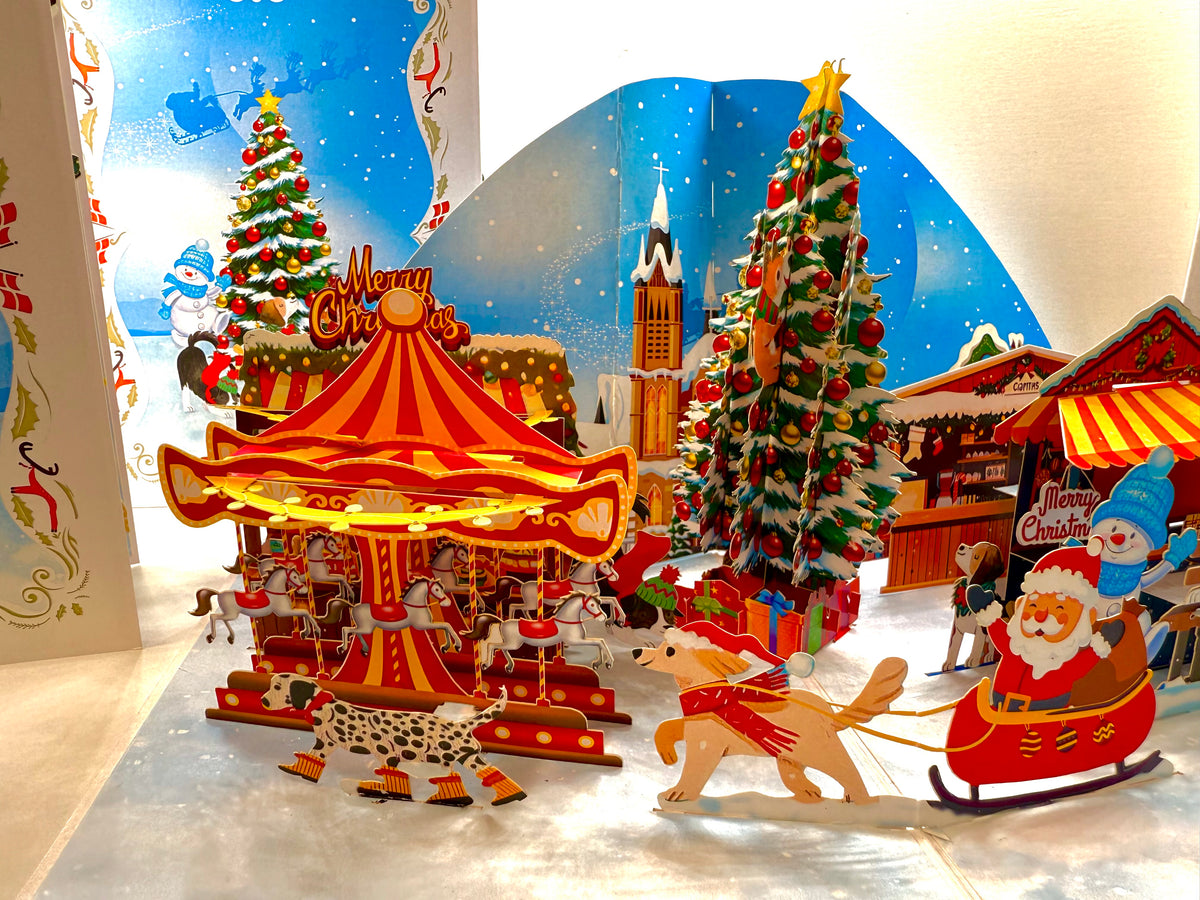 Dog World Snowy Village Winter Wonderland Amusement Park 3D Origami Pop Cards 3D Pop Up Greeting Card Merry Christmas Thank You Handmade Best Wishes Blank Card Gift Happy Holidays Celebrate the Special Day