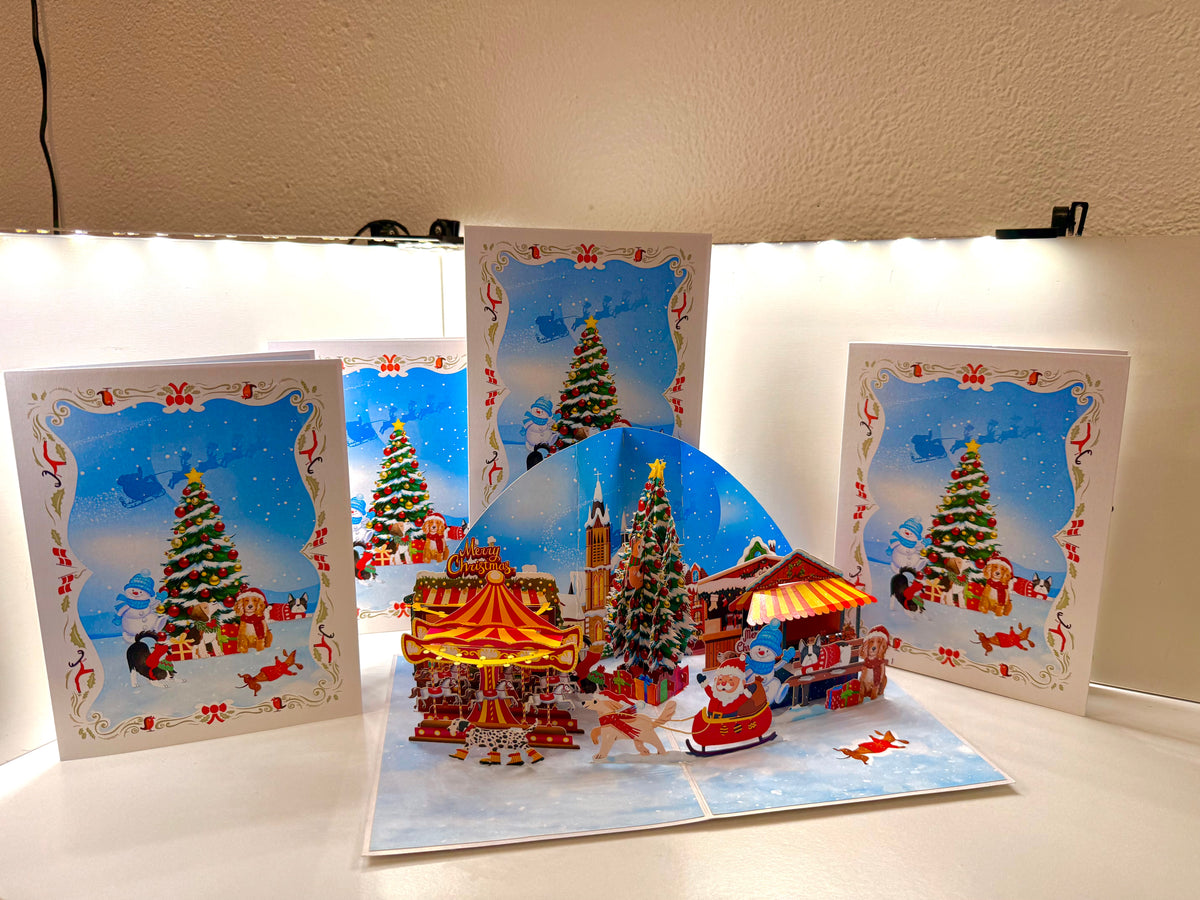 Dog World Snowy Village Winter Wonderland Amusement Park 3D Origami Pop Cards 3D Pop Up Greeting Card Merry Christmas Thank You Handmade Best Wishes Blank Card Gift Happy Holidays Celebrate the Special Day