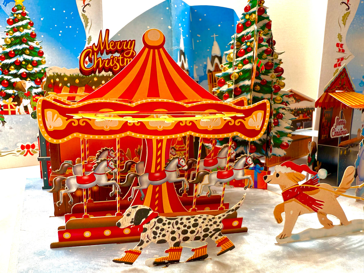 Dog World Snowy Village Winter Wonderland Amusement Park 3D Origami Pop Cards 3D Pop Up Greeting Card Merry Christmas Thank You Handmade Best Wishes Blank Card Gift Happy Holidays Celebrate the Special Day