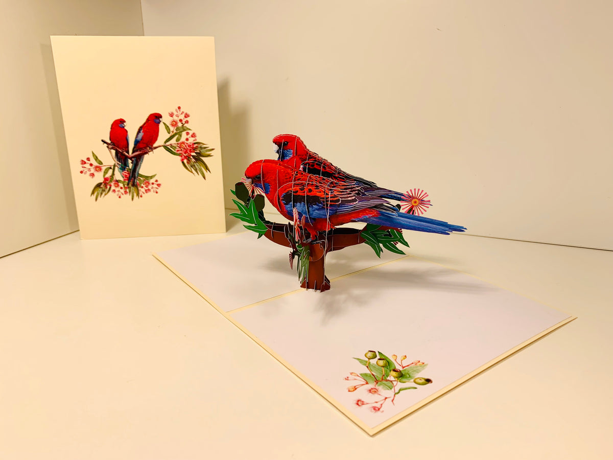 Double Crimson Rosella Parrot Australian Bird Origami Pop Cards 3D Pop Up Greeting Card Happy Birthday Thank You Handmade Gift Thinking of You Blank Card for Any Occasion Happy Mother's Day Happy Father's Australiana Birds