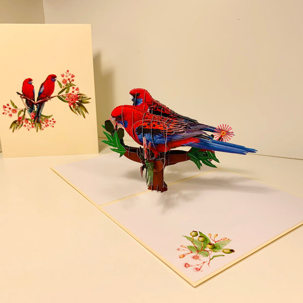 Double Crimson Rosella Parrot Australian Bird Origami Pop Cards 3D Pop Up Greeting Card Happy Birthday Thank You Handmade Gift Thinking of You Blank Card for Any Occasion Happy Mother's Day Happy Father's Australiana Birds