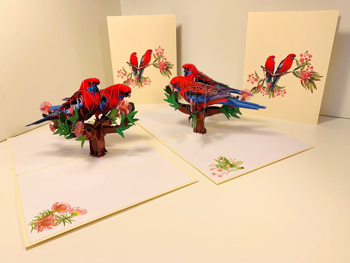 Double Crimson Rosella Parrot Australian Bird Origami Pop Cards 3D Pop Up Greeting Card Happy Birthday Thank You Handmade Gift Thinking of You Blank Card for Any Occasion Happy Mother's Day Happy Father's Australiana Birds
