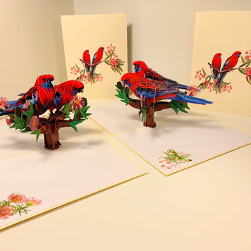 Double Crimson Rosella Parrot Australian Bird Origami Pop Cards 3D Pop Up Greeting Card Happy Birthday Thank You Handmade Gift Thinking of You Blank Card for Any Occasion Happy Mother's Day Happy Father's Australiana Birds