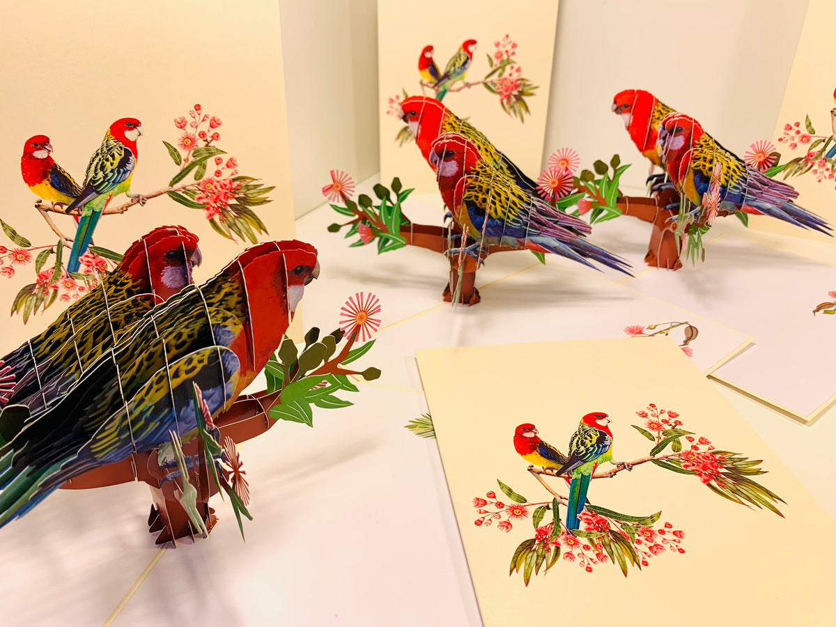 Double Eastern Rosella Parrot Australian Bird Origami Pop Cards 3D Pop Up Greeting Card Happy Birthday Thank You Handmade Gift Thinking of You Blank Card for Any Occasion Happy Mother's Day Happy Father's Australiana Birds