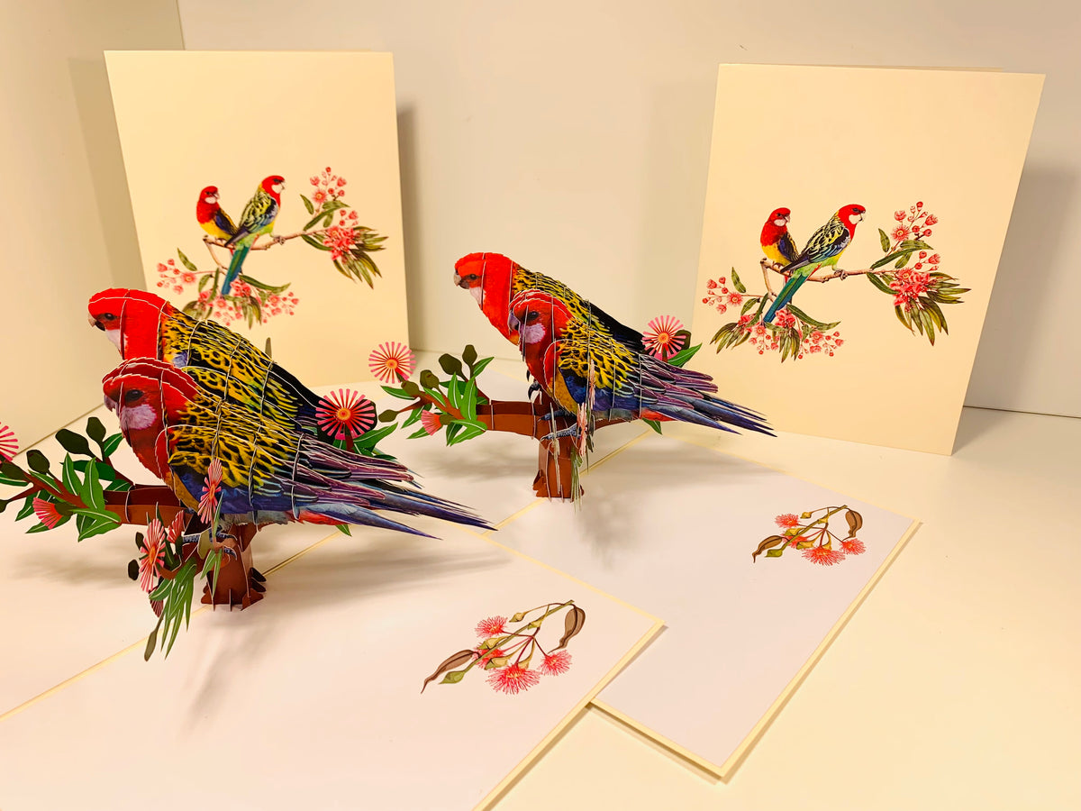Double Eastern Rosella Parrot Australian Bird Origami Pop Cards 3D Pop Up Greeting Card Happy Birthday Thank You Handmade Gift Thinking of You Blank Card for Any Occasion Happy Mother's Day Happy Father's Australiana Birds