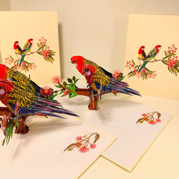 Double Eastern Rosella Parrot Australian Bird Origami Pop Cards 3D Pop Up Greeting Card Happy Birthday Thank You Handmade Gift Thinking of You Blank Card for Any Occasion Happy Mother's Day Happy Father's Australiana Birds