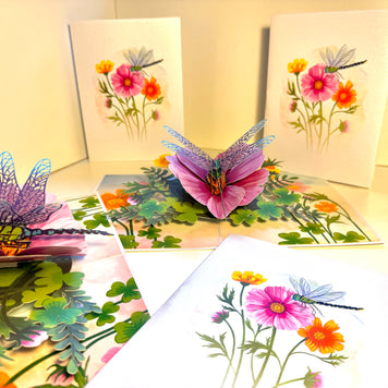 Dragonfly Attracting Cosmos Flowers Origami Pop Cards 3D Pop Up Greeting Card Happy Birthday Thank You Handmade Gift Thinking of You Blank Card for Any Occasion Happy Mother's Day Happy Father's Australiana Celebrate the Beauty of Flower