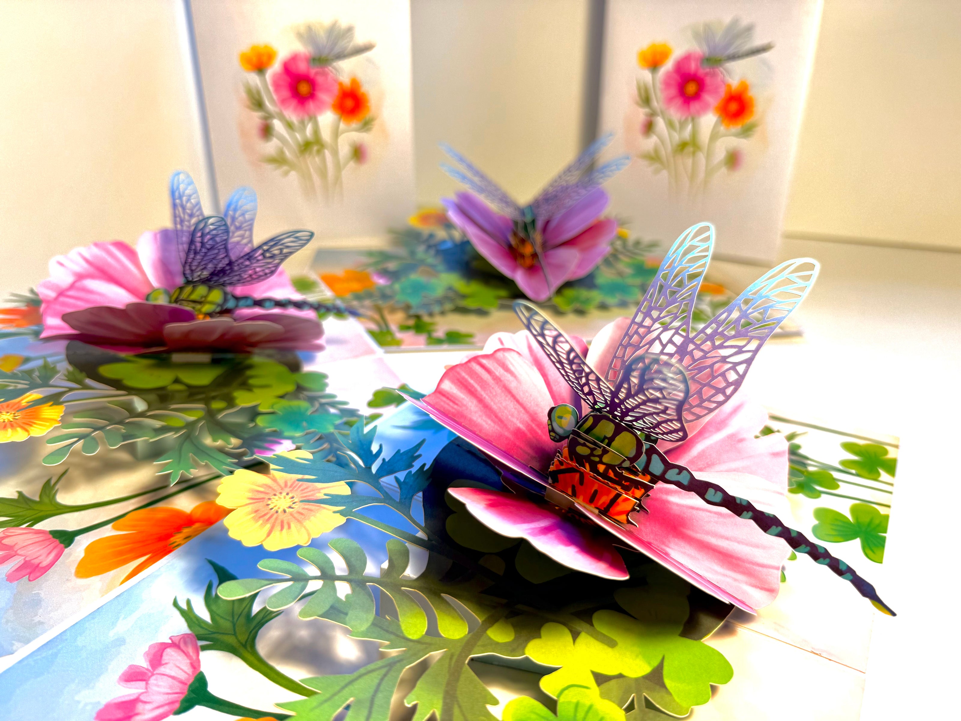 Dragonfly Attracting Cosmos Flowers Origami Pop Cards 3D Pop Up Greeting Card Happy Birthday Thank You Handmade Gift Thinking of You Blank Card for Any Occasion Happy Mother's Day Happy Father's Australiana Celebrate the Beauty of Flower