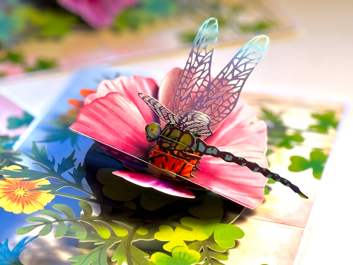 Dragonfly Attracting Cosmos Flowers Origami Pop Cards 3D Pop Up Greeting Card Happy Birthday Thank You Handmade Gift Thinking of You Blank Card for Any Occasion Happy Mother's Day Happy Father's Australiana Celebrate the Beauty of Flower