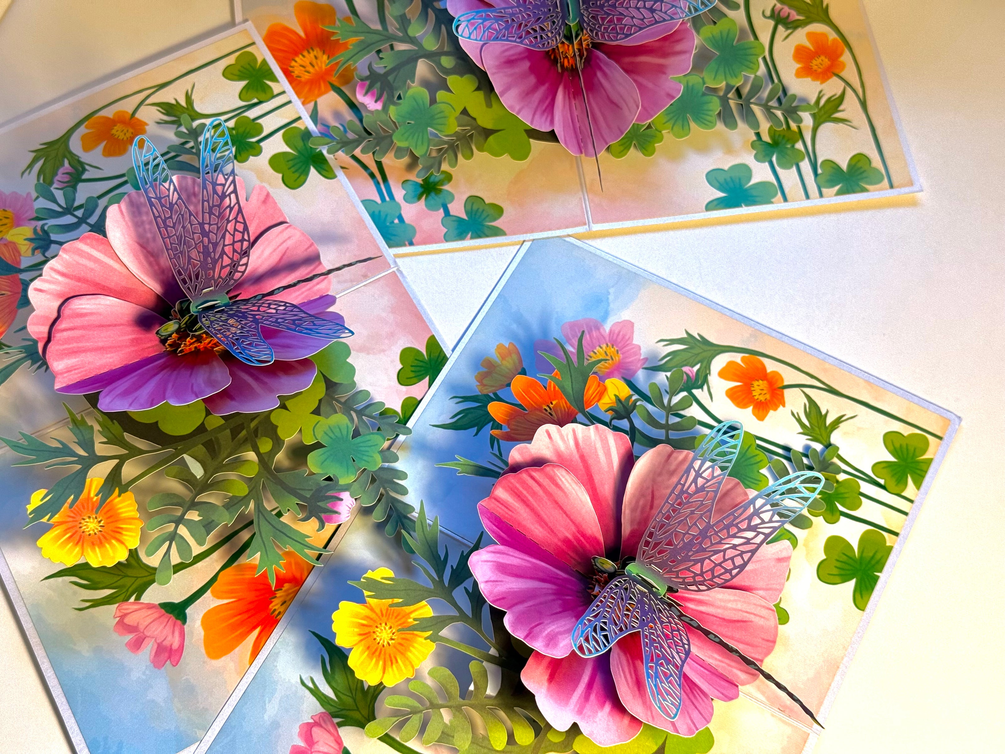Dragonfly Attracting Cosmos Flowers Origami Pop Cards 3D Pop Up Greeting Card Happy Birthday Thank You Handmade Gift Thinking of You Blank Card for Any Occasion Happy Mother's Day Happy Father's Australiana Celebrate the Beauty of Flower