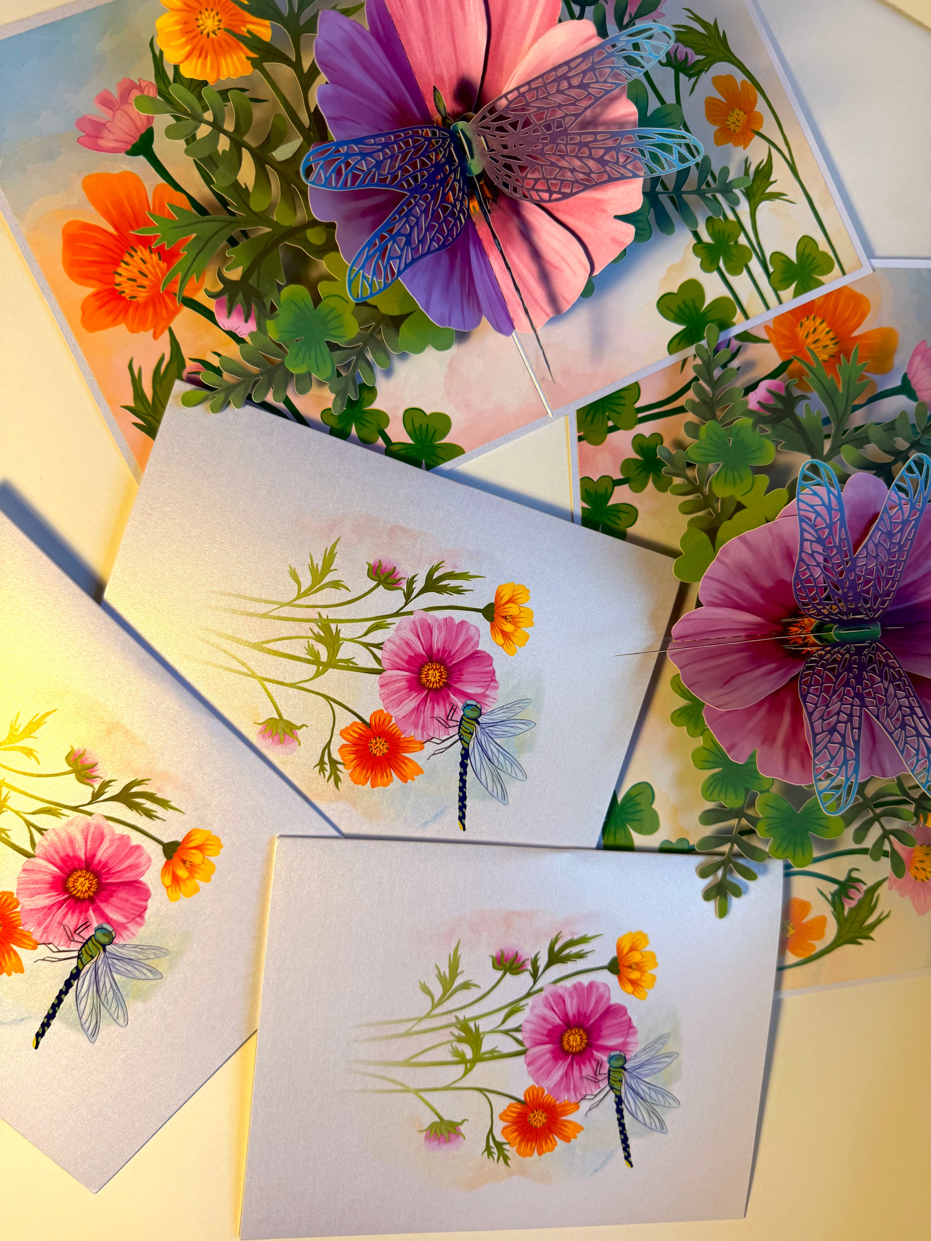 Dragonfly Attracting Cosmos Flowers Origami Pop Cards 3D Pop Up Greeting Card Happy Birthday Thank You Handmade Gift Thinking of You Blank Card for Any Occasion Happy Mother's Day Happy Father's Australiana Celebrate the Beauty of Flower