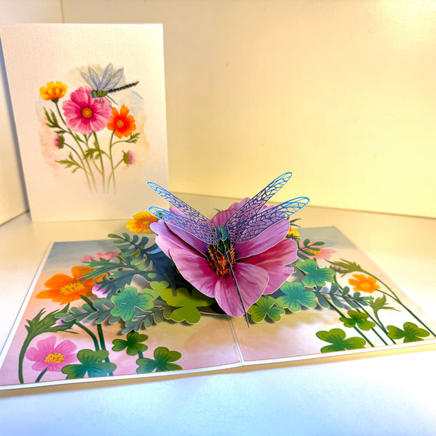 Dragonfly Attracting Cosmos Flowers Origami Pop Cards 3D Pop Up Greeting Card Happy Birthday Thank You Handmade Gift Thinking of You Blank Card for Any Occasion Happy Mother's Day Happy Father's Australiana Celebrate the Beauty of Flower