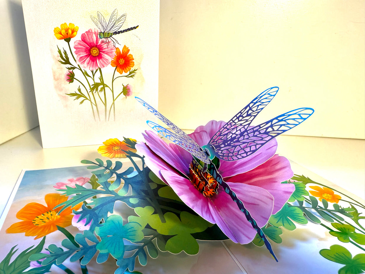 Dragonfly Attracting Cosmos Flowers Origami Pop Cards 3D Pop Up Greeting Card Happy Birthday Thank You Handmade Gift Thinking of You Blank Card for Any Occasion Happy Mother's Day Happy Father's Australiana Celebrate the Beauty of Flower