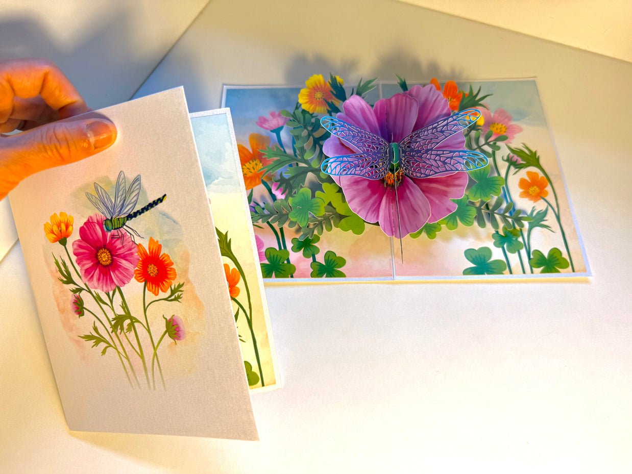 Dragonfly Attracting Cosmos Flowers Origami Pop Cards 3D Pop Up Greeting Card Happy Birthday Thank You Handmade Gift Thinking of You Blank Card for Any Occasion Happy Mother's Day Happy Father's Australiana Celebrate the Beauty of Flower