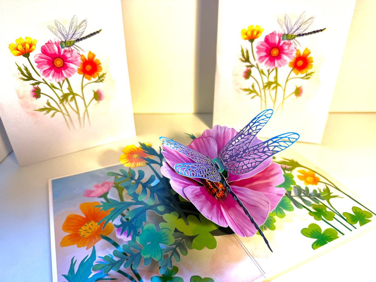 Dragonfly Attracting Cosmos Flowers Origami Pop Cards 3D Pop Up Greeting Card Happy Birthday Thank You Handmade Gift Thinking of You Blank Card for Any Occasion Happy Mother's Day Happy Father's Australiana Celebrate the Beauty of Flower