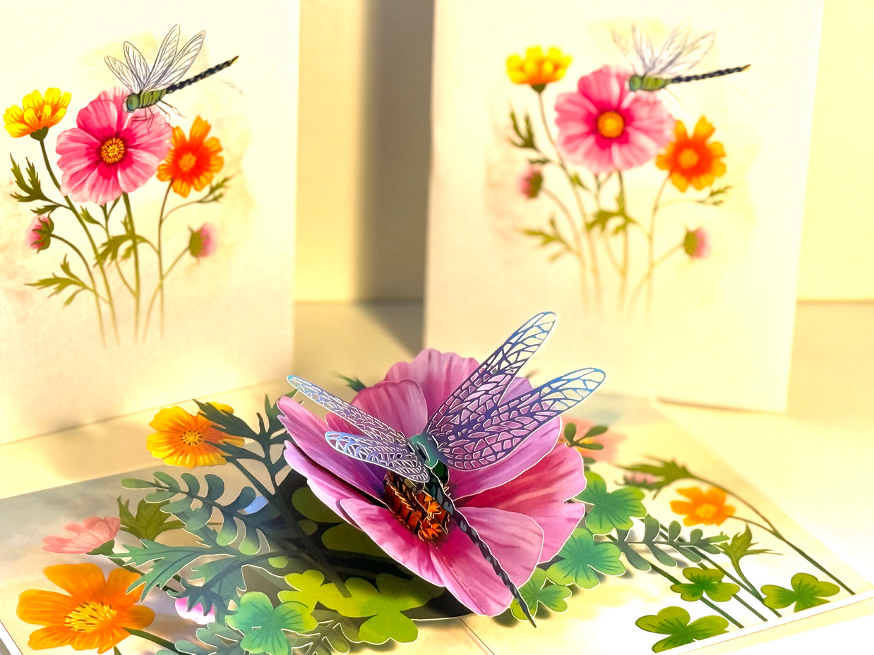 Dragonfly Attracting Cosmos Flowers Origami Pop Cards 3D Pop Up Greeting Card Happy Birthday Thank You Handmade Gift Thinking of You Blank Card for Any Occasion Happy Mother's Day Happy Father's Australiana Celebrate the Beauty of Flower