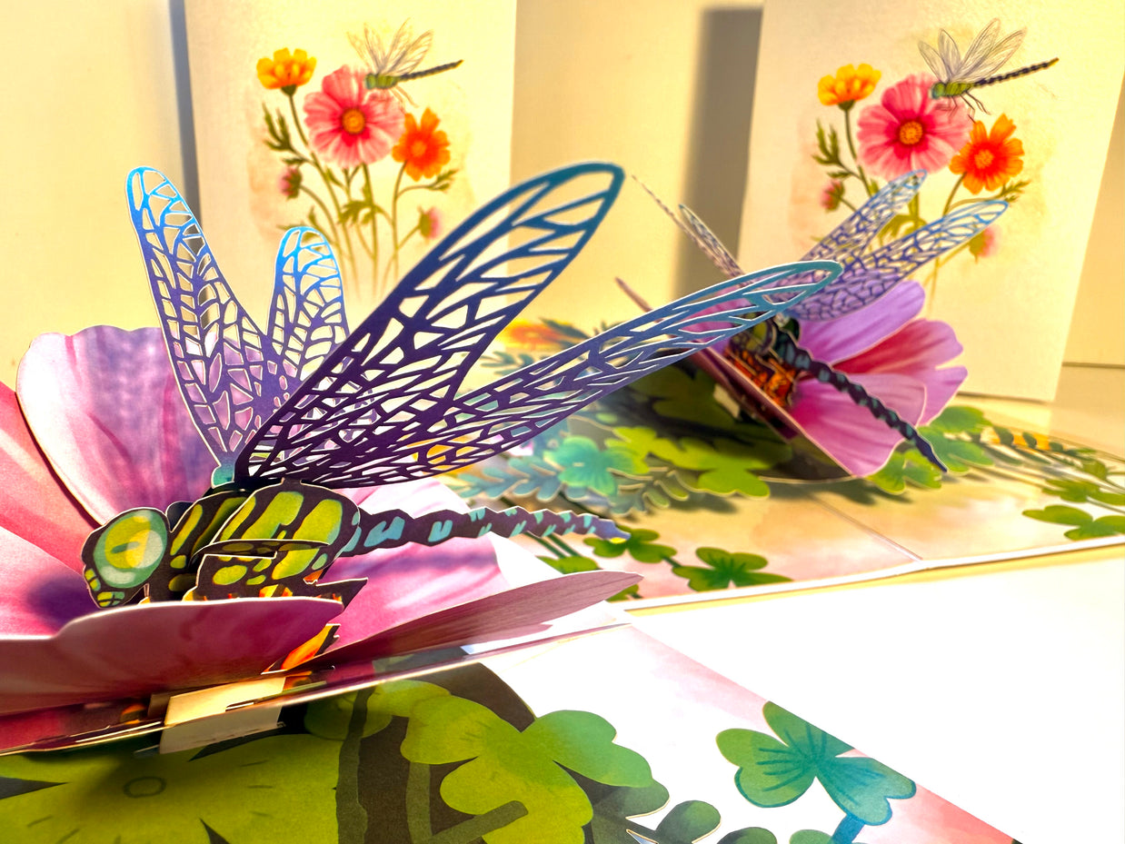 Dragonfly Attracting Cosmos Flowers Origami Pop Cards 3D Pop Up Greeting Card Happy Birthday Thank You Handmade Gift Thinking of You Blank Card for Any Occasion Happy Mother's Day Happy Father's Australiana Celebrate the Beauty of Flower