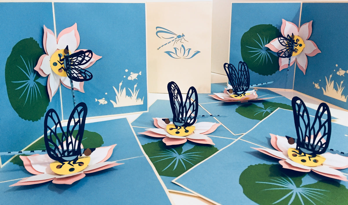 Dragonfly Landing on a Lotus - Perfect for Dog Lovers Origami Pop Cards 3D Pop Up Greeting Card Happy Birthday Thank You Handmade Gift Thinking of You Blank Card for Any Occasion Happy Mother's Day Happy Father's Australiana Celebration