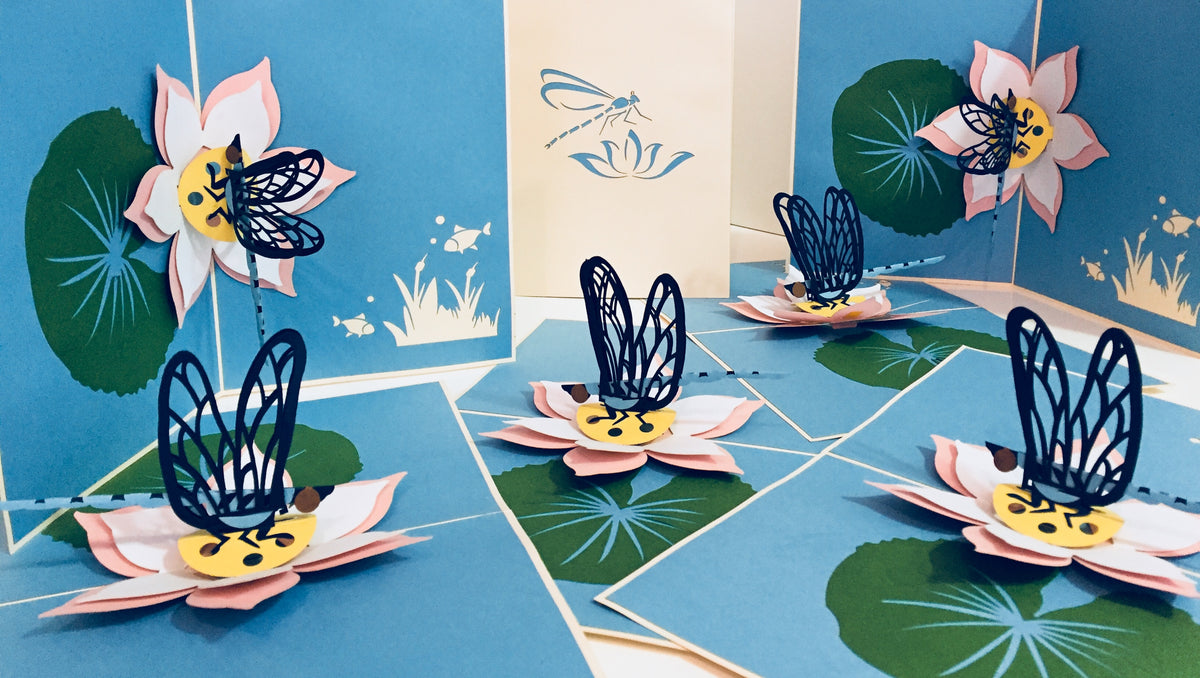 Dragonfly Landing on a Lotus - Perfect for Dog Lovers Origami Pop Cards 3D Pop Up Greeting Card Happy Birthday Thank You Handmade Gift Thinking of You Blank Card for Any Occasion Happy Mother's Day Happy Father's Australiana Celebration