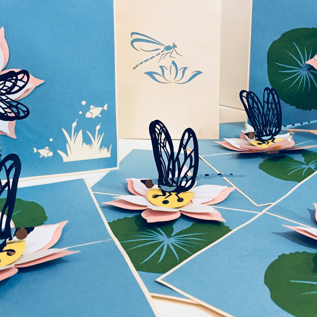 Dragonfly Landing on a Lotus - Perfect for Dog Lovers Origami Pop Cards 3D Pop Up Greeting Card Happy Birthday Thank You Handmade Gift Thinking of You Blank Card for Any Occasion Happy Mother's Day Happy Father's Australiana Celebration