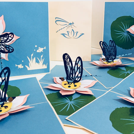 Dragonfly Landing on a Lotus - Perfect for Dog Lovers Origami Pop Cards 3D Pop Up Greeting Card Happy Birthday Thank You Handmade Gift Thinking of You Blank Card for Any Occasion Happy Mother's Day Happy Father's Australiana Celebration