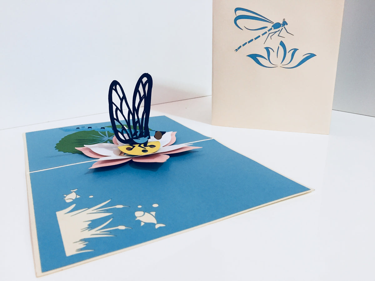 Dragonfly Landing on a Lotus - Perfect for Dog Lovers Origami Pop Cards 3D Pop Up Greeting Card Happy Birthday Thank You Handmade Gift Thinking of You Blank Card for Any Occasion Happy Mother's Day Happy Father's Australiana Celebration