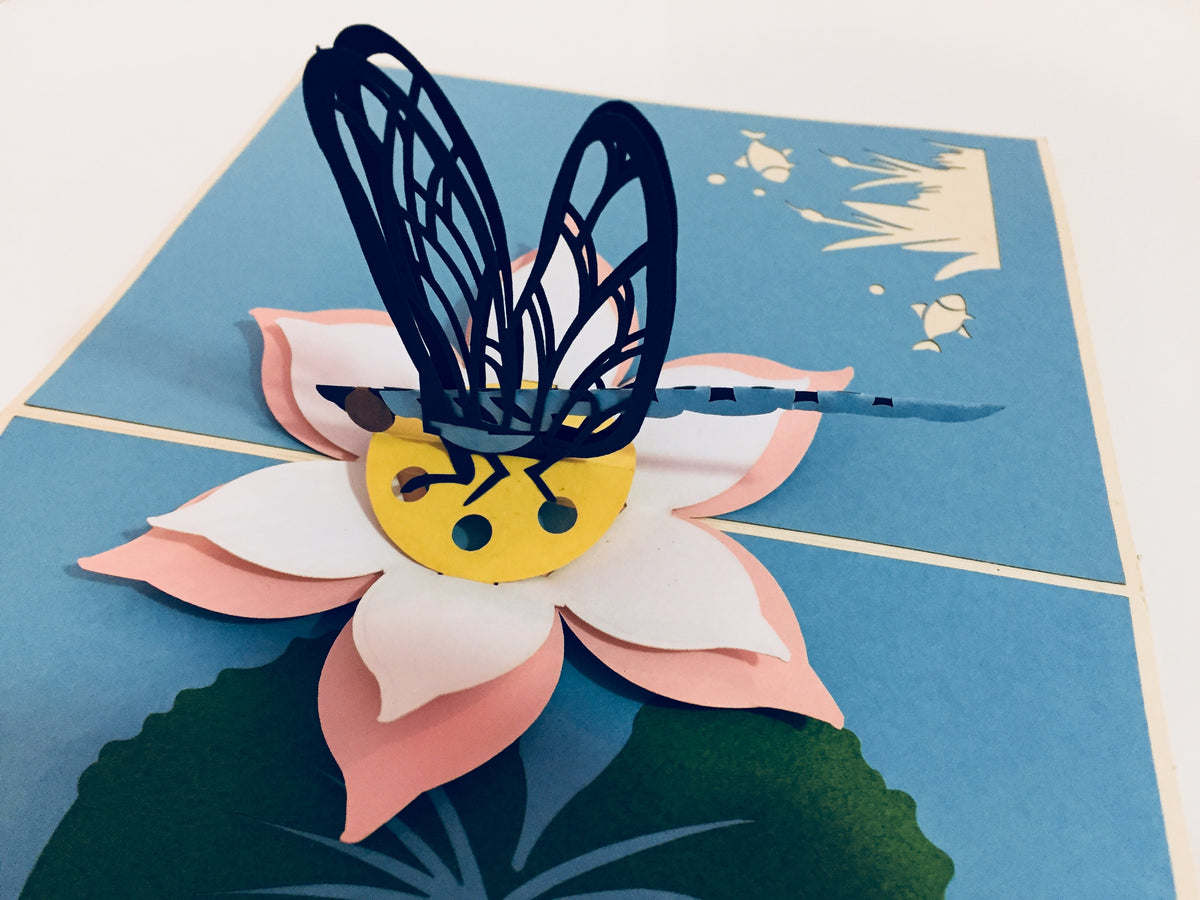 Dragonfly Landing on a Lotus - Perfect for Dog Lovers Origami Pop Cards 3D Pop Up Greeting Card Happy Birthday Thank You Handmade Gift Thinking of You Blank Card for Any Occasion Happy Mother's Day Happy Father's Australiana Celebration