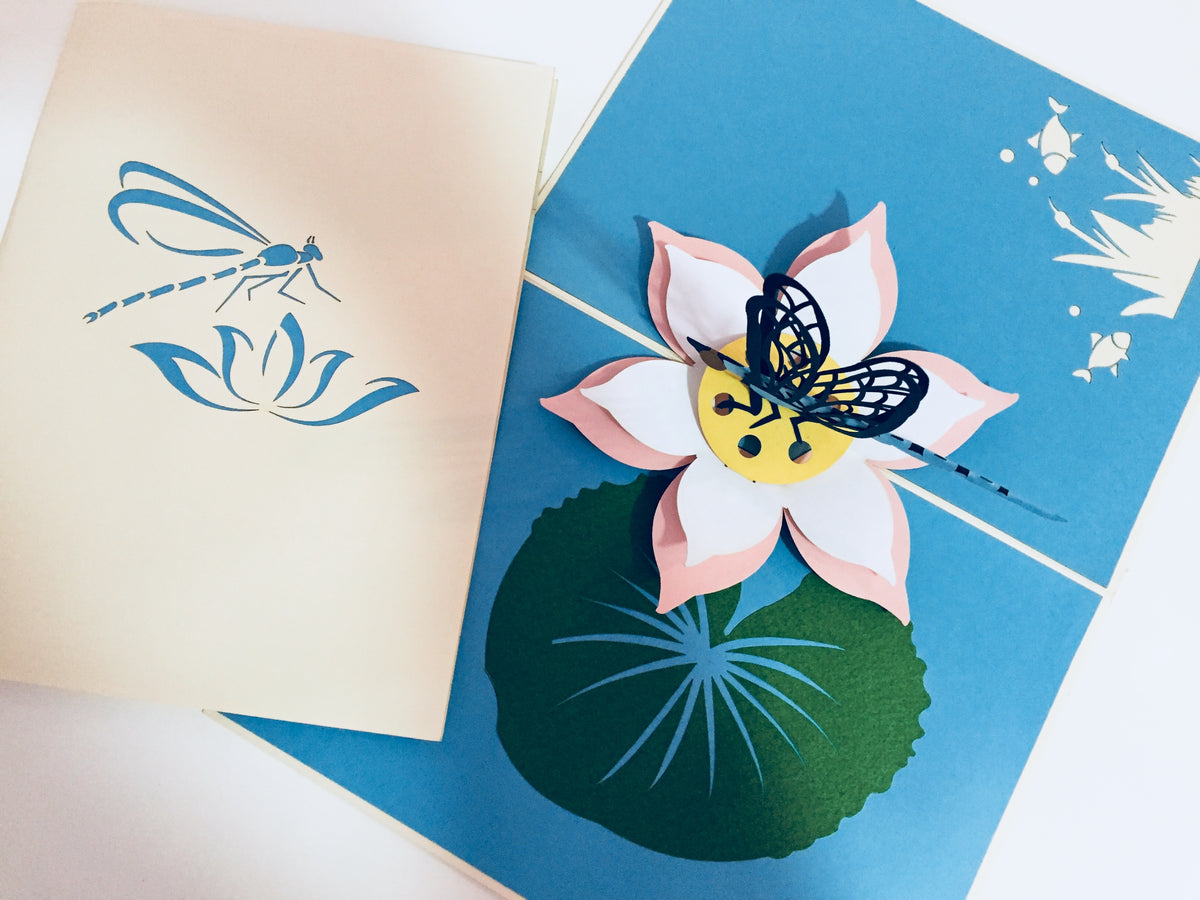 Dragonfly Landing on a Lotus - Perfect for Dog Lovers Origami Pop Cards 3D Pop Up Greeting Card Happy Birthday Thank You Handmade Gift Thinking of You Blank Card for Any Occasion Happy Mother's Day Happy Father's Australiana Celebration