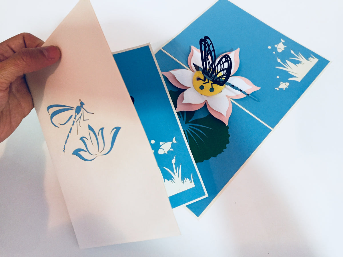 Dragonfly Landing on a Lotus - Perfect for Dog Lovers Origami Pop Cards 3D Pop Up Greeting Card Happy Birthday Thank You Handmade Gift Thinking of You Blank Card for Any Occasion Happy Mother's Day Happy Father's Australiana Celebration