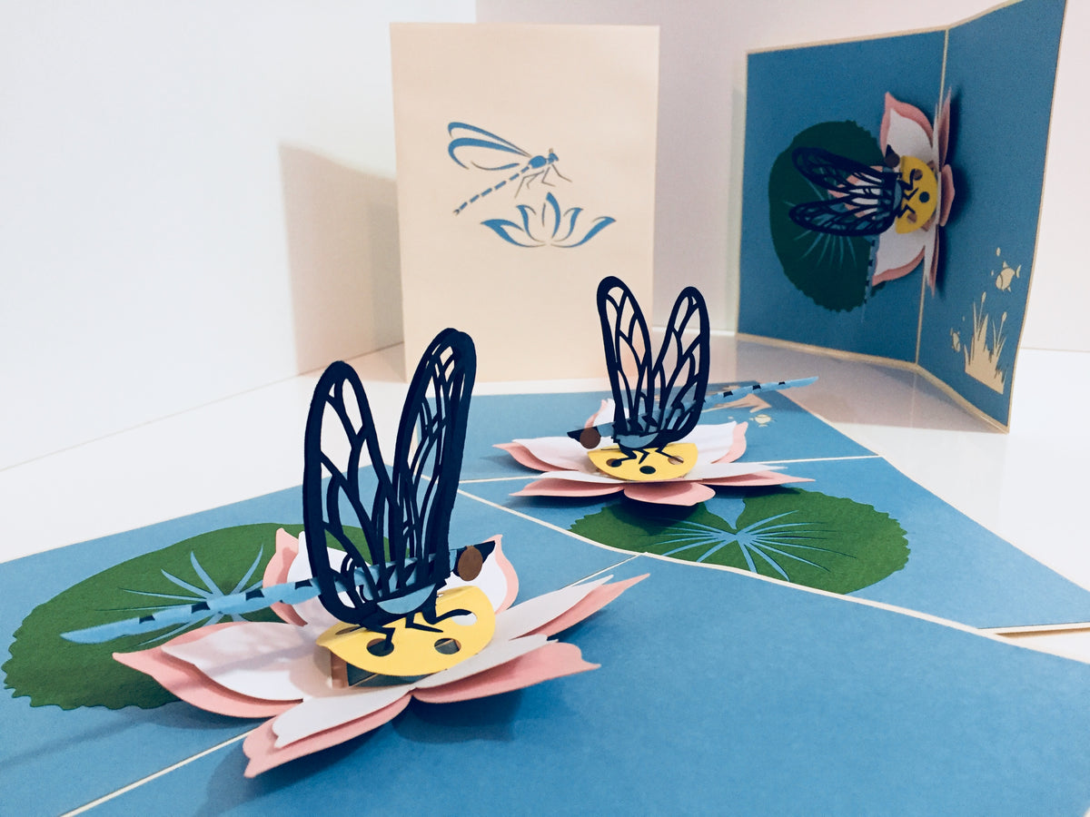 Dragonfly Landing on a Lotus - Perfect for Dog Lovers Origami Pop Cards 3D Pop Up Greeting Card Happy Birthday Thank You Handmade Gift Thinking of You Blank Card for Any Occasion Happy Mother's Day Happy Father's Australiana Celebration