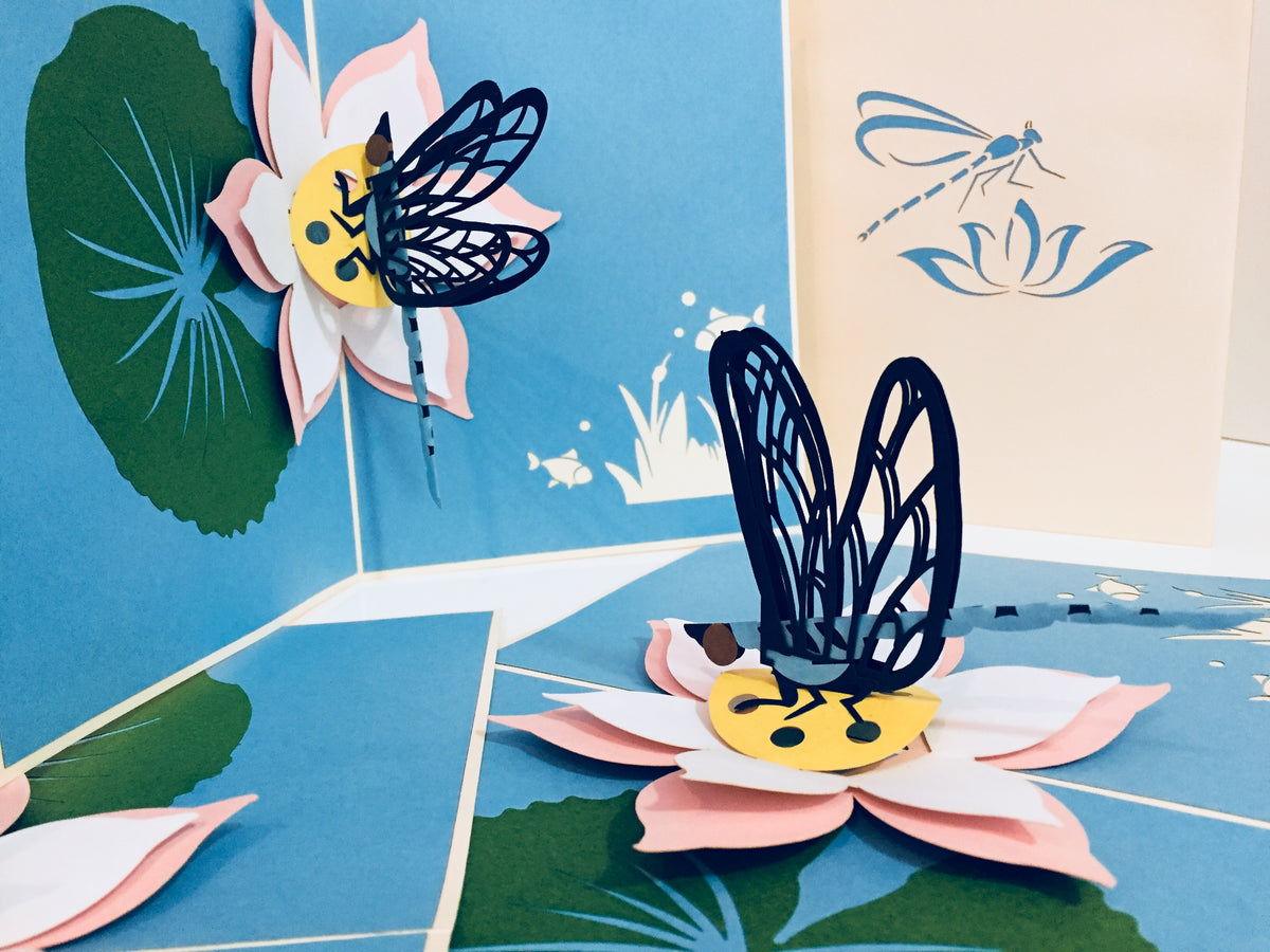 Dragonfly Landing on a Lotus - Perfect for Dog Lovers Origami Pop Cards 3D Pop Up Greeting Card Happy Birthday Thank You Handmade Gift Thinking of You Blank Card for Any Occasion Happy Mother's Day Happy Father's Australiana Celebration