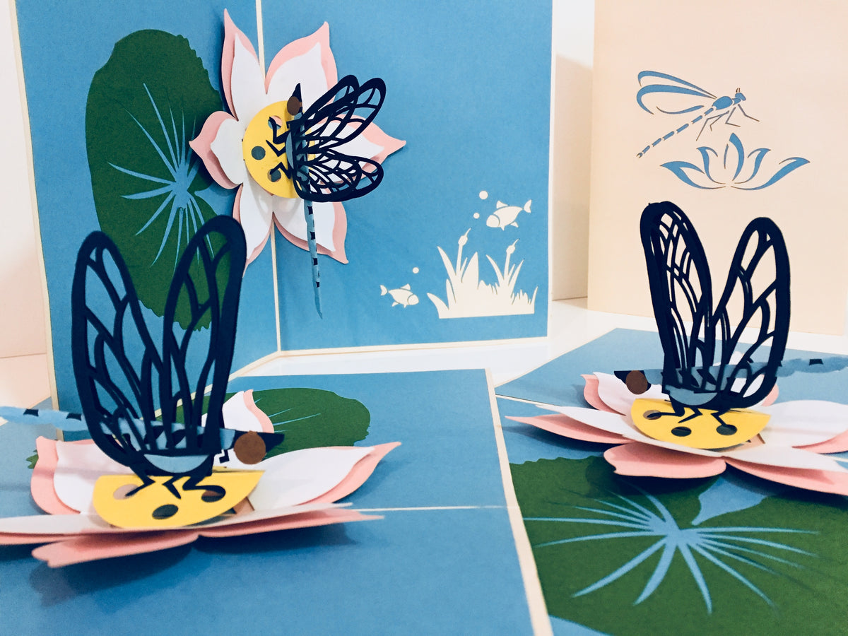 Dragonfly Landing on a Lotus - Perfect for Dog Lovers Origami Pop Cards 3D Pop Up Greeting Card Happy Birthday Thank You Handmade Gift Thinking of You Blank Card for Any Occasion Happy Mother's Day Happy Father's Australiana Celebration