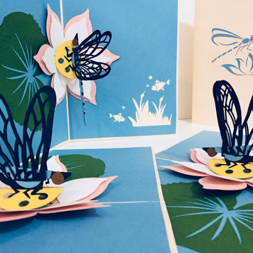 Dragonfly Landing on a Lotus - Perfect for Dog Lovers Origami Pop Cards 3D Pop Up Greeting Card Happy Birthday Thank You Handmade Gift Thinking of You Blank Card for Any Occasion Happy Mother's Day Happy Father's Australiana Celebration