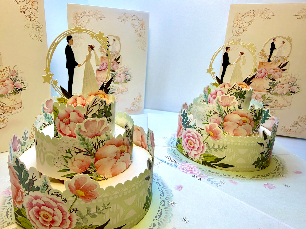 Elegant Floral Wedding Cake with Bride & Groom Origami Pop Cards 3D Pop Up Greeting Card Happy Halloween Best Wishes Blank Card Fun Party Cheer Gift Happy Holidays Thank You Handmade Celebrate the Special Day