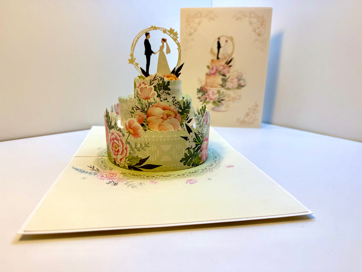 Elegant Floral Wedding Cake with Bride & Groom Origami Pop Cards 3D Pop Up Greeting Card Happy Halloween Best Wishes Blank Card Fun Party Cheer Gift Happy Holidays Thank You Handmade Celebrate the Special Day