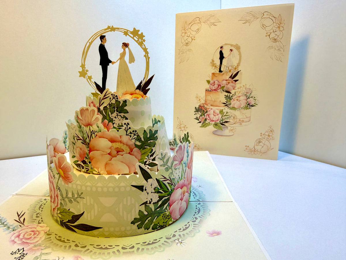 Elegant Floral Wedding Cake with Bride & Groom Origami Pop Cards 3D Pop Up Greeting Card Happy Halloween Best Wishes Blank Card Fun Party Cheer Gift Happy Holidays Thank You Handmade Celebrate the Special Day