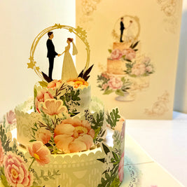 Elegant Floral Wedding Cake with Bride & Groom Origami Pop Cards 3D Pop Up Greeting Card Happy Halloween Best Wishes Blank Card Fun Party Cheer Gift Happy Holidays Thank You Handmade Celebrate the Special Day