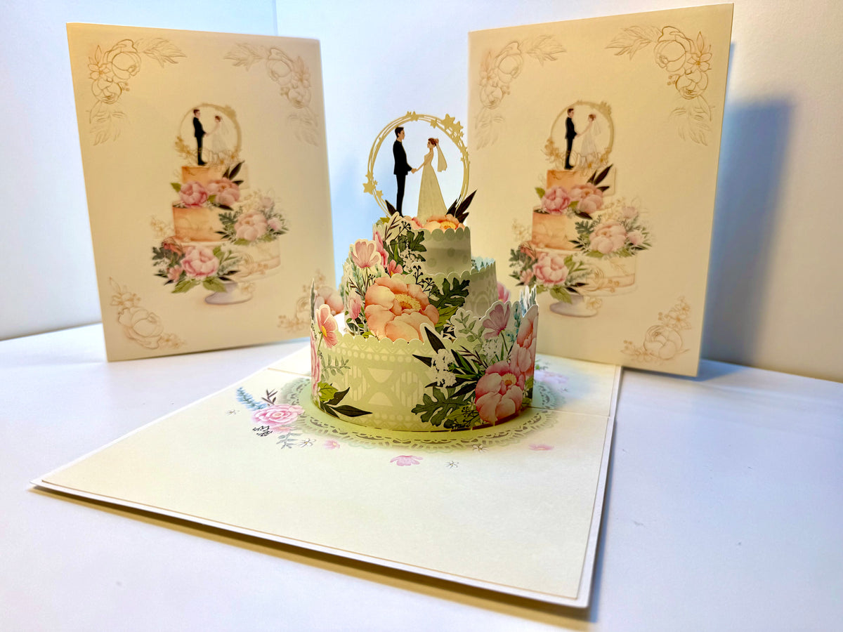 Elegant Floral Wedding Cake with Bride & Groom Origami Pop Cards 3D Pop Up Greeting Card Happy Halloween Best Wishes Blank Card Fun Party Cheer Gift Happy Holidays Thank You Handmade Celebrate the Special Day
