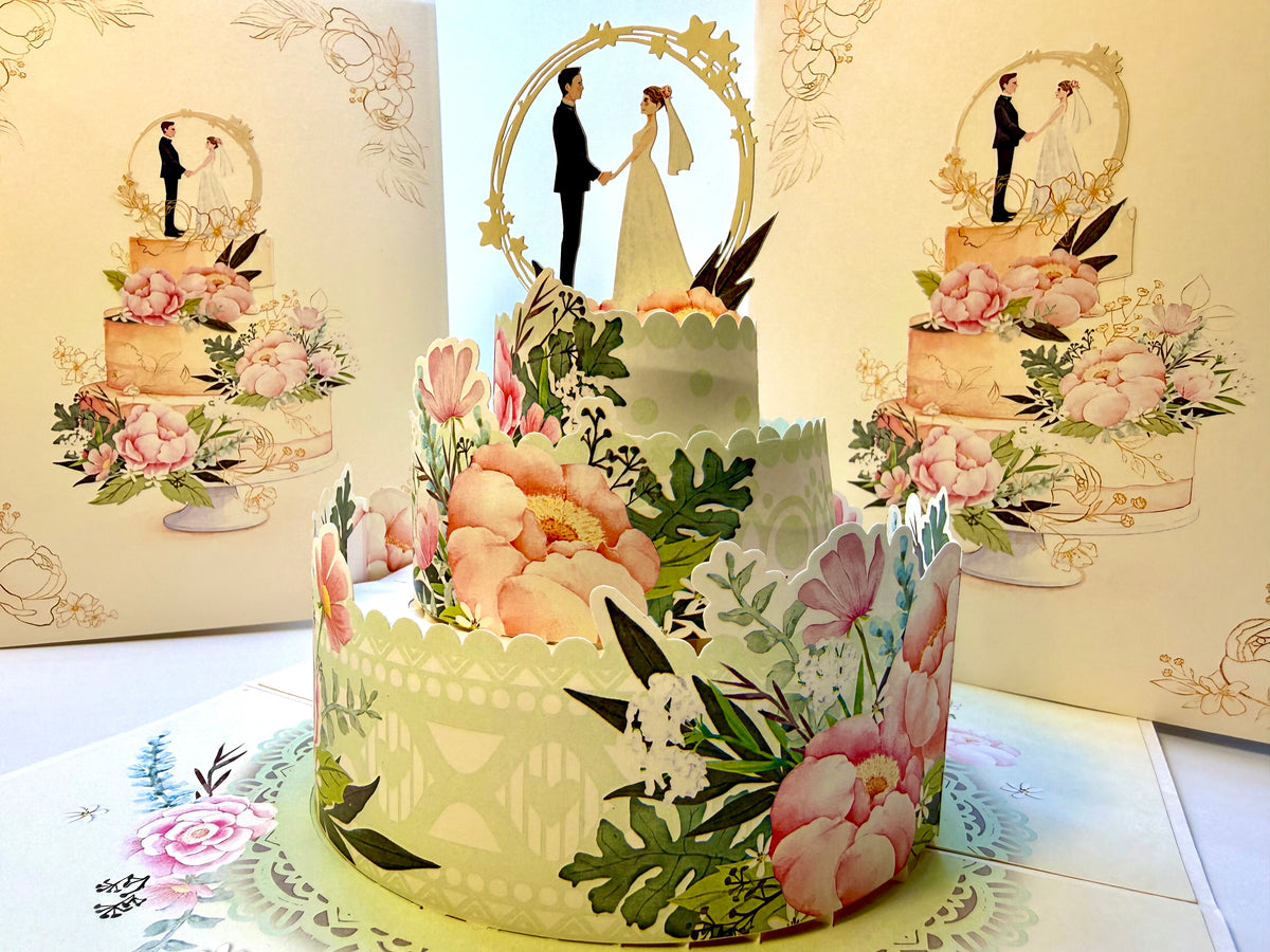 Elegant Floral Wedding Cake with Bride & Groom Origami Pop Cards 3D Pop Up Greeting Card Happy Halloween Best Wishes Blank Card Fun Party Cheer Gift Happy Holidays Thank You Handmade Celebrate the Special Day