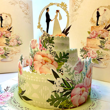Elegant Floral Wedding Cake with Bride & Groom Origami Pop Cards 3D Pop Up Greeting Card Happy Halloween Best Wishes Blank Card Fun Party Cheer Gift Happy Holidays Thank You Handmade Celebrate the Special Day