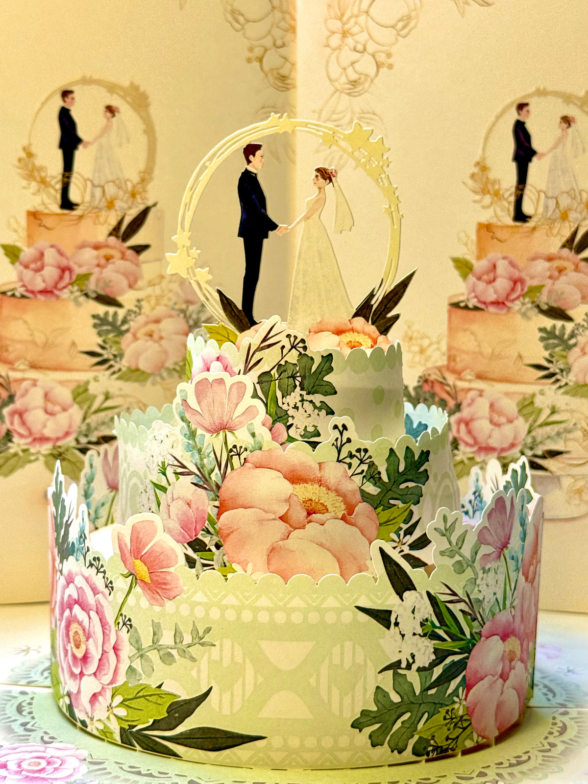 Elegant Floral Wedding Cake with Bride & Groom Origami Pop Cards 3D Pop Up Greeting Card Happy Halloween Best Wishes Blank Card Fun Party Cheer Gift Happy Holidays Thank You Handmade Celebrate the Special Day