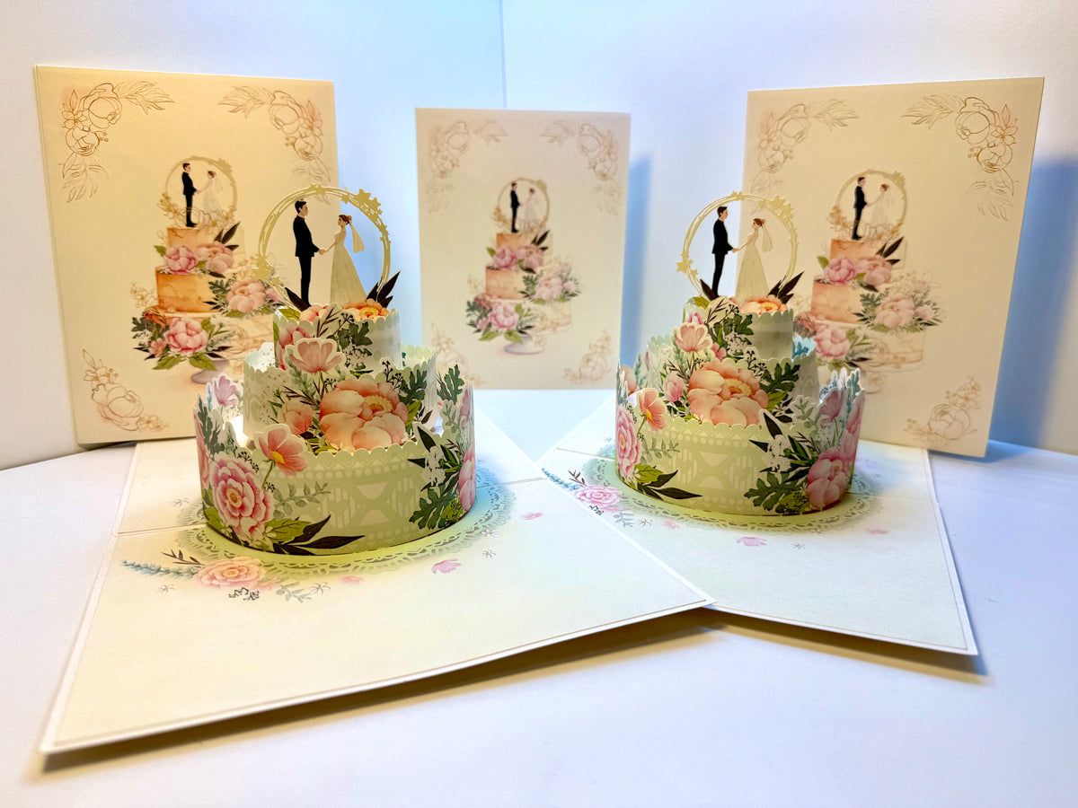 Elegant Floral Wedding Cake with Bride & Groom Origami Pop Cards 3D Pop Up Greeting Card Happy Halloween Best Wishes Blank Card Fun Party Cheer Gift Happy Holidays Thank You Handmade Celebrate the Special Day