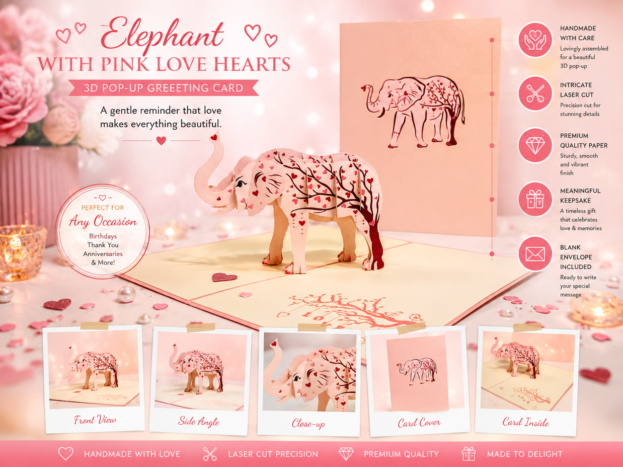 Elephant with Pink Love Hearts Origami Pop Cards 3D Pop Up Greeting Card Thank You Handmade Gift Thinking of You Happy Birthday Occasion Australiana Celebrate the Beauty and Happiness During Special Day Best Wishes Gift