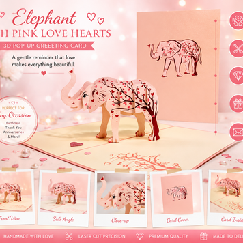 Elephant with Pink Love Hearts Origami Pop Cards 3D Pop Up Greeting Card Thank You Handmade Gift Thinking of You Happy Birthday Occasion Australiana Celebrate the Beauty and Happiness During Special Day Best Wishes Gift
