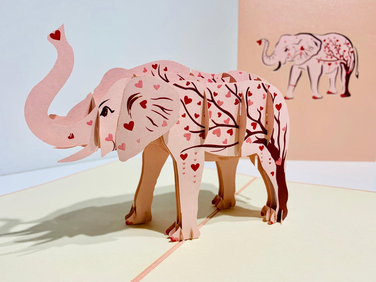 Elephant with Pink Love Hearts Origami Pop Cards 3D Pop Up Greeting Card Thank You Handmade Gift Thinking of You Happy Birthday Occasion Australiana Celebrate the Beauty and Happiness During Special Day Best Wishes Gift