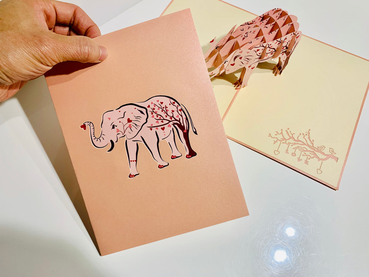 Elephant with Pink Love Hearts Origami Pop Cards 3D Pop Up Greeting Card Thank You Handmade Gift Thinking of You Happy Birthday Occasion Australiana Celebrate the Beauty and Happiness During Special Day Best Wishes Gift